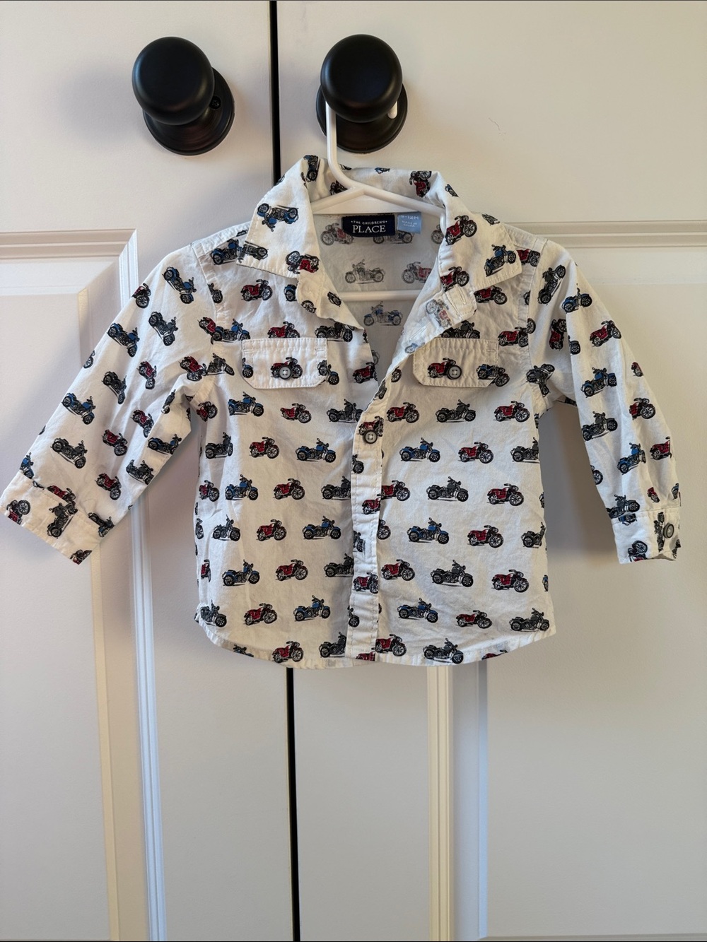 The Children's Place White Button-Down Shirt with Red & Blue Motorcycle Print